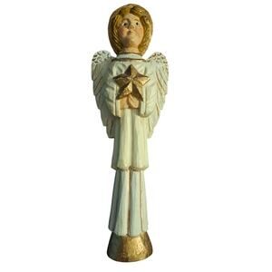 Handcrafted Carved Wood Angel 11 Inches Tall White Gold Star Christmas Decor